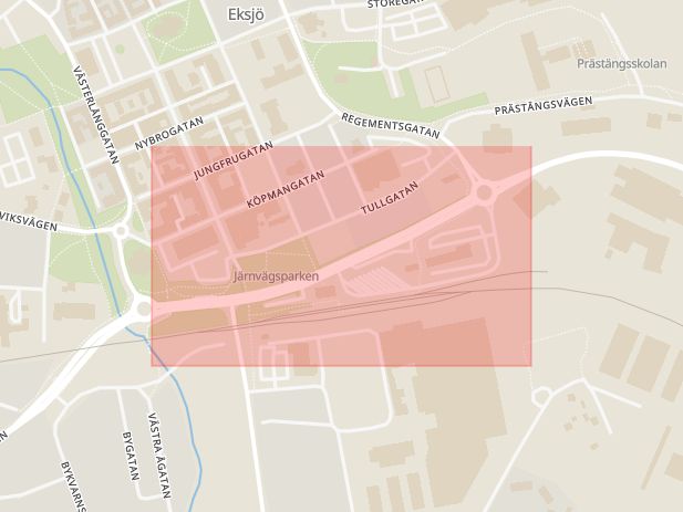Karta som med röd fyrkant ramar in Järnvägsgatan, Eksjö, Jönköpings län