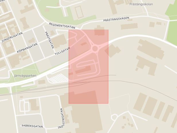 Karta som med röd fyrkant ramar in Lokgatan, Trädgårdsgatan, Eksjö, Jönköpings län