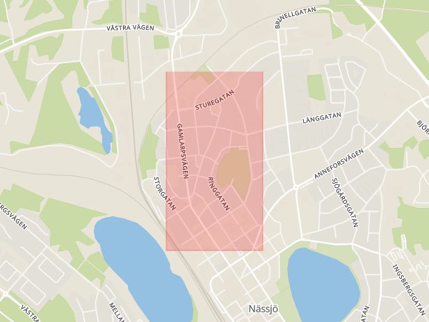Karta som med röd fyrkant ramar in Norråsagatan, Nässjö, Jönköpings län