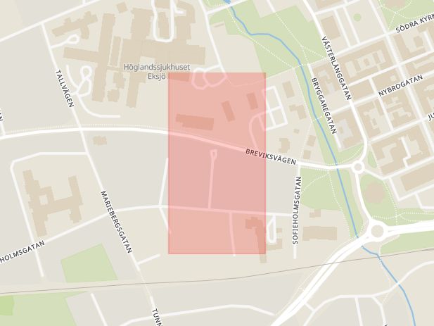 Karta som med röd fyrkant ramar in Servicehus, Breviksvägen, Eksjö, Jönköpings län