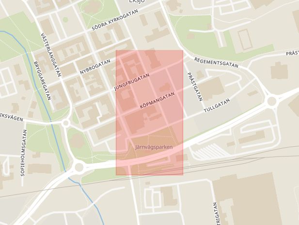 Karta som med röd fyrkant ramar in Södra Storgatan, Missionskyrkan, Eksjö, Jönköpings län