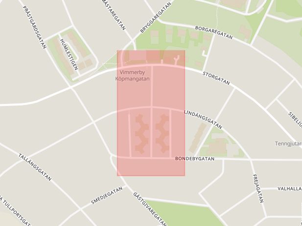 Karta som med röd fyrkant ramar in Köpmansgatan, Vimmerby, Kalmar län