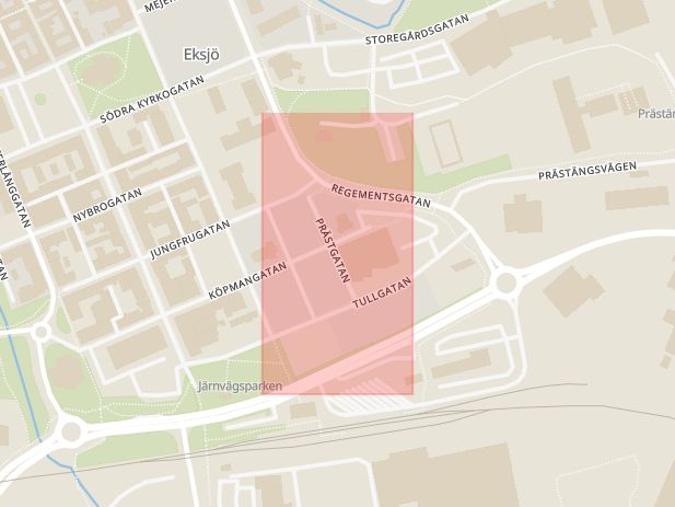 Karta som med röd fyrkant ramar in Prästgatan, Eksjö, Jönköpings län