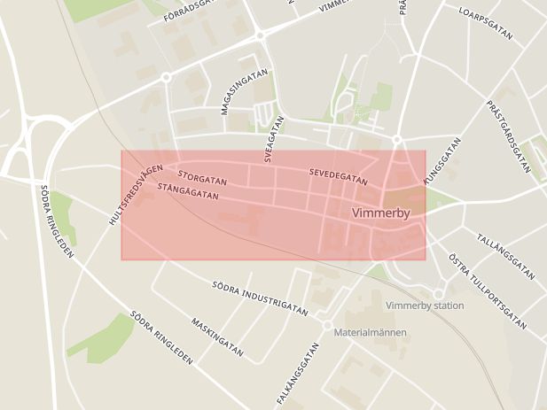 Karta som med röd fyrkant ramar in Stångågatan, Stadshuset, Vimmerby, Kalmar län