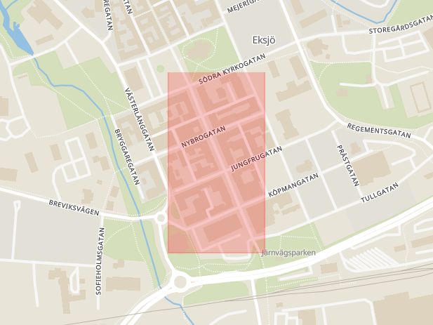 Karta som med röd fyrkant ramar in Södra Storgatan, Eksjö, Jönköpings län