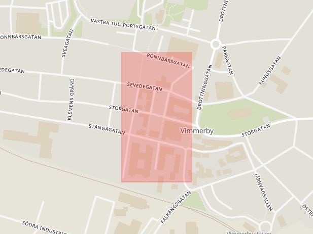 Karta som med röd fyrkant ramar in Stora Torget, Vimmerby, Kalmar län