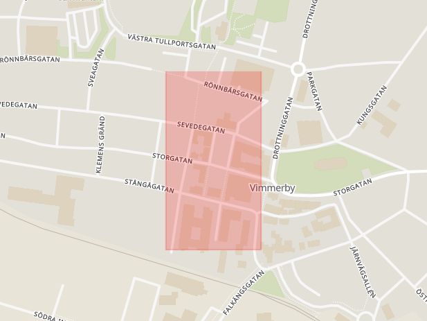 Karta som med röd fyrkant ramar in Stora Torget, Vimmerby, Kalmar län