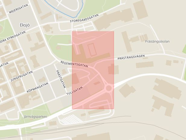 Karta som med röd fyrkant ramar in Regementsgatan, Prästängsvägen, Eksjö, Jönköpings län