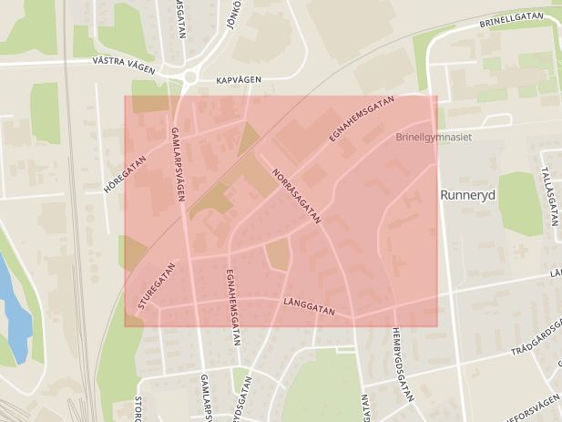 Karta som med röd fyrkant ramar in Sturegatan, Nässjö, Jönköpings län