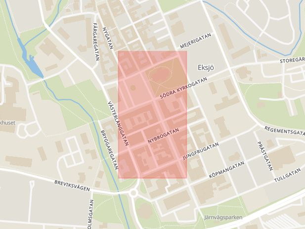 Karta som med röd fyrkant ramar in Parkvägen, Skyttevägen, Eksjö, Jönköpings län