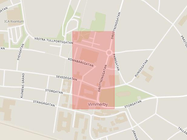 Karta som med röd fyrkant ramar in Norrtullsgatan, Vimmerby, Kalmar län