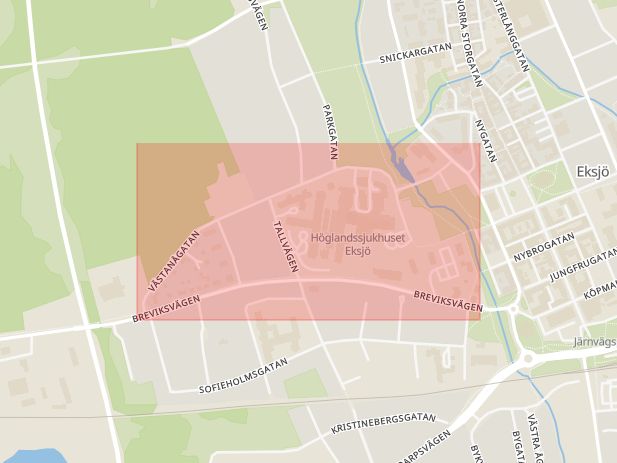 Karta som med röd fyrkant ramar in Västanågatan, Eksjö, Jönköpings län