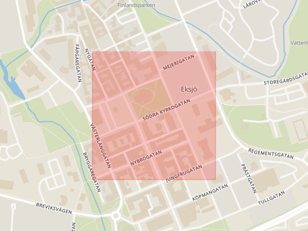 Karta som med röd fyrkant ramar in Södra Kyrkogatan, Eksjö, Jönköpings län