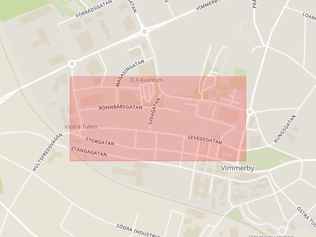 Karta som med röd fyrkant ramar in Rönnbärsgatan, Vimmerby, Kalmar län