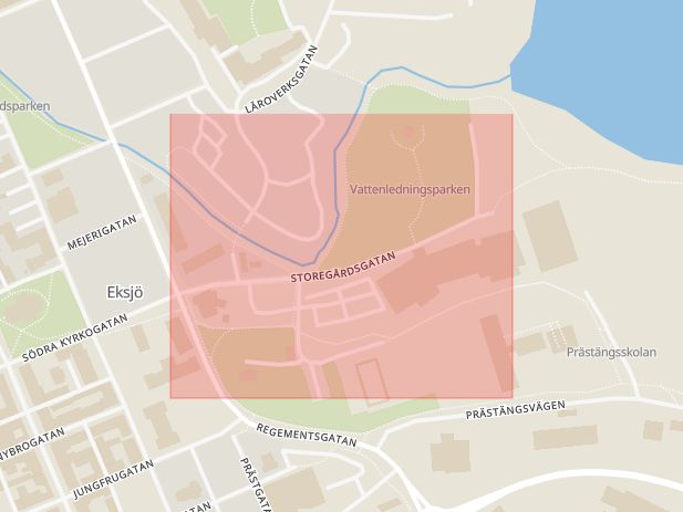 Karta som med röd fyrkant ramar in Badhus, Storegårdsgatan, Eksjö, Jönköpings län