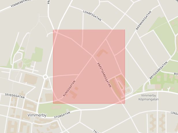 Karta som med röd fyrkant ramar in Ringvägen, Vimmerby, Kalmar län
