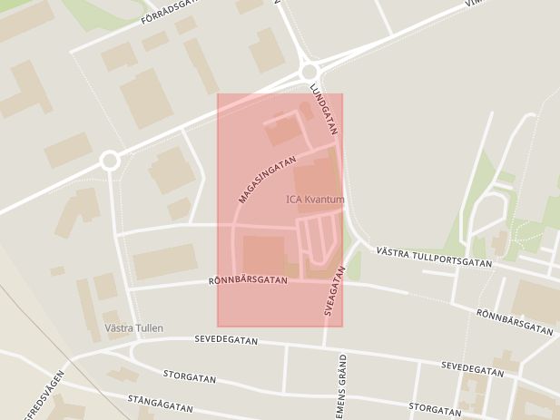 Karta som med röd fyrkant ramar in Magasinsgatan, Vimmerby, Kalmar län