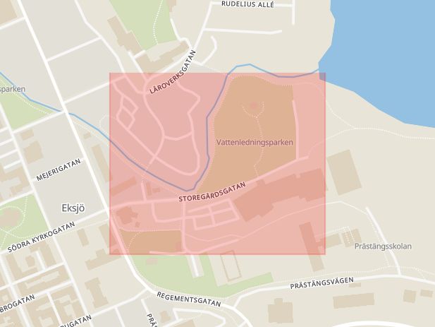Karta som med röd fyrkant ramar in Storegårdsgatan, Eksjö, Jönköpings län