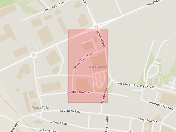 Karta som med röd fyrkant ramar in Magasinsgatan, Vimmerby, Kalmar län