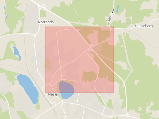 Karta som med röd fyrkant ramar in Anneforsvägen, Nässjö, Jönköpings län