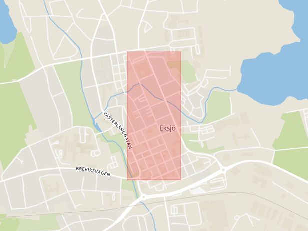 Karta som med röd fyrkant ramar in Österlånggatan, Eksjö, Jönköpings län