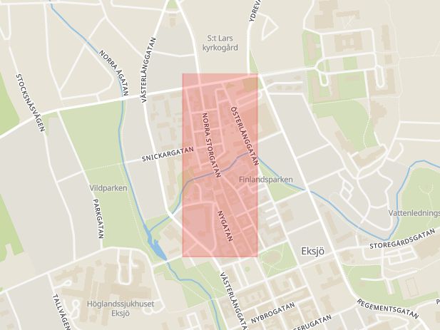 Karta som med röd fyrkant ramar in Storgatan, Eksjö, Jönköpings län