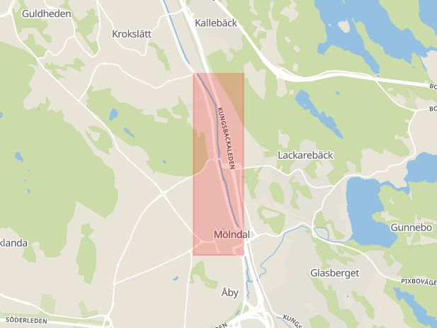 Karta som visar ungefär var händelsen Trafikolycka,  personskada: På Göteborgsvägen i höjd med sjukhuset är en spårvagn och en personbil inblandade i en olycka. inträffat