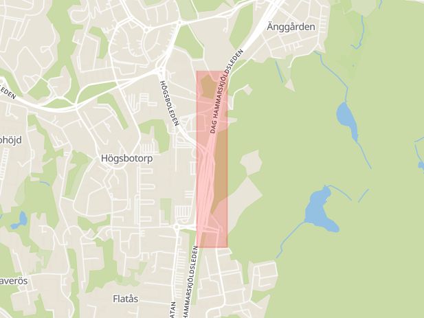 Karta som med röd fyrkant ramar in Högsbotorp, Dag Hammarskjöldsleden, Göteborg, Västra Götalands län