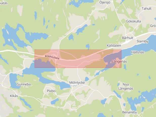 Karta som med röd fyrkant ramar in Mölnlycke, Boråsvägen, Härryda, Västra Götalands län