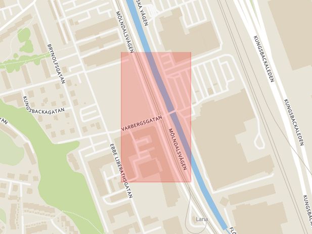 Karta som med röd fyrkant ramar in Mölndalsvägen, Varbergsgatan, Göteborg, Västra Götalands län