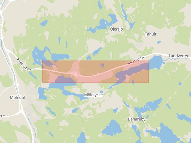 Karta som med röd fyrkant ramar in Boråsvägen, Landvetter, Landvettersjön, Härryda, Västra Götalands län