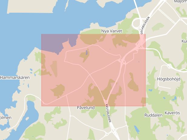 Karta som med röd fyrkant ramar in Göteborg, Långedragsvägen, Brunnsparken, Vasaplatsen, Västra götalands län, Västra Götalands län