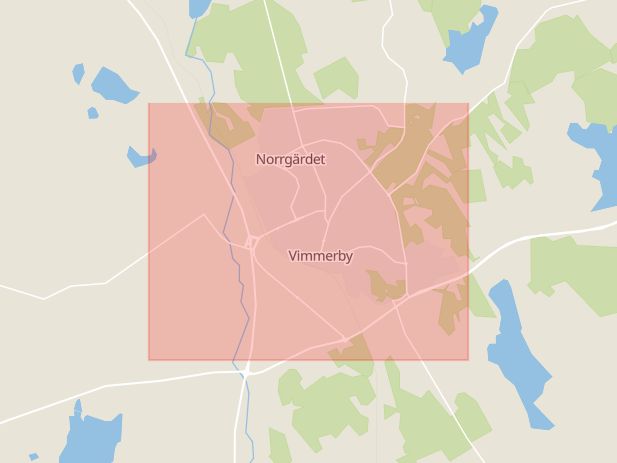 Karta som med röd fyrkant ramar in Storgatan, Ringgatan, Vimmerby, Kalmar län