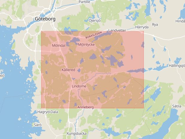 Karta som med röd fyrkant ramar in Borås, Björkhemsgatan, Göteborg, Mölndal, Västra götalands län, Västra Götalands län
