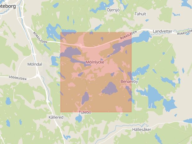Karta som med röd fyrkant ramar in Mölnlycke, Göteborg, Härryda, Västra Götalands län