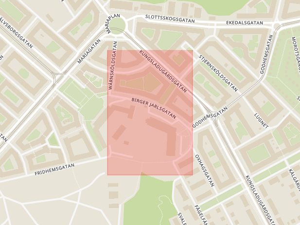 Karta som med röd fyrkant ramar in Kungsladugård, Birger Jarlsgatan, Göteborg, Västra Götalands län