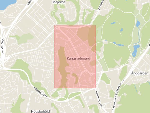 Karta som med röd fyrkant ramar in Kungsladugård, Kungsladugårdsgatan, Göteborg, Västra Götalands län
