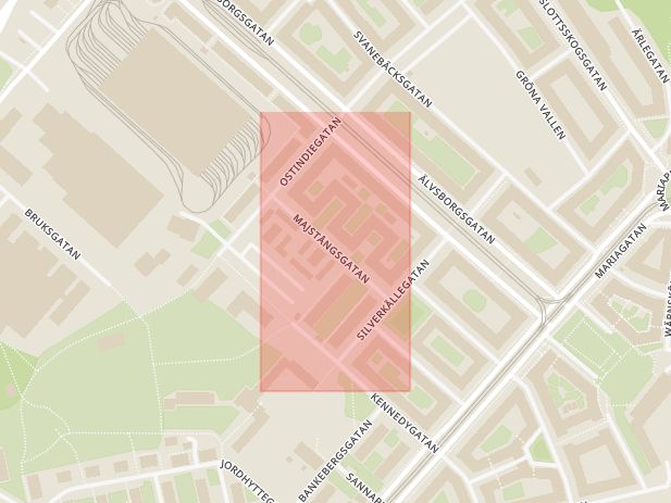Karta som med röd fyrkant ramar in Kungsladugård, Majstångsgatan, Göteborg, Västra Götalands län