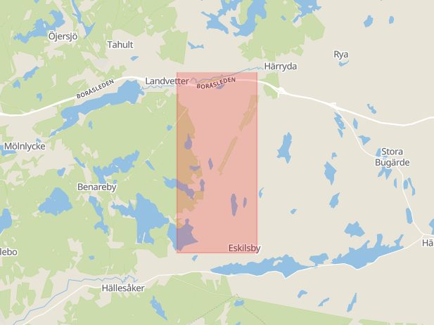 Karta som med röd fyrkant ramar in Eskilsbyvägen, Härryda, Västra Götalands län