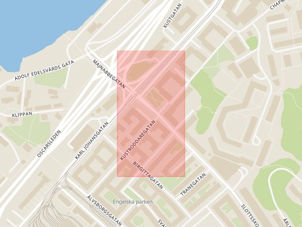 Karta som med röd fyrkant ramar in Majorna, Jaegerdorffsplatsen, Göteborg, Västra Götalands län