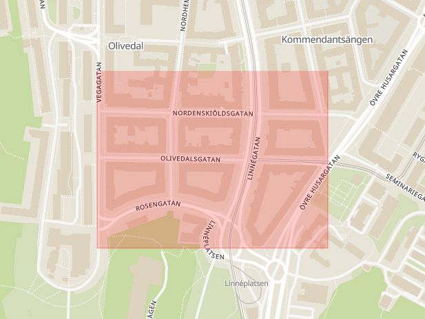 Karta som med röd fyrkant ramar in Olivedalsgatan, Göteborg, Västra Götalands län