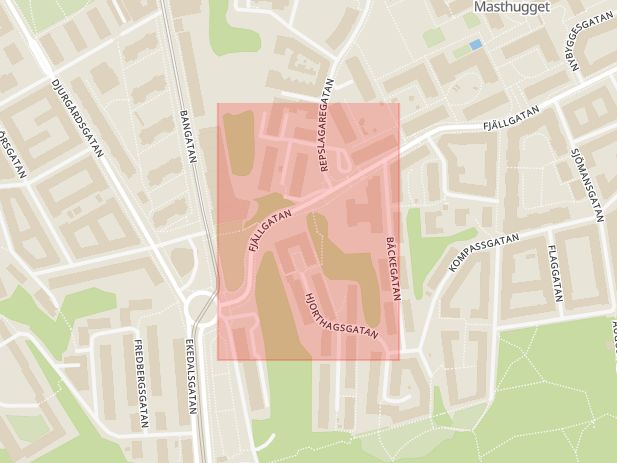 Karta som med röd fyrkant ramar in Stigberget, Fjällgatan, Göteborg, Västra Götalands län