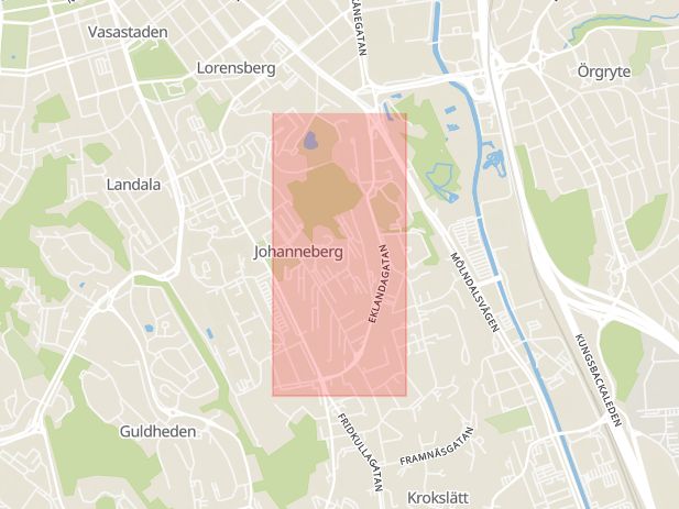 Karta som med röd fyrkant ramar in Eklandagatan, Göteborg, Västra Götalands län