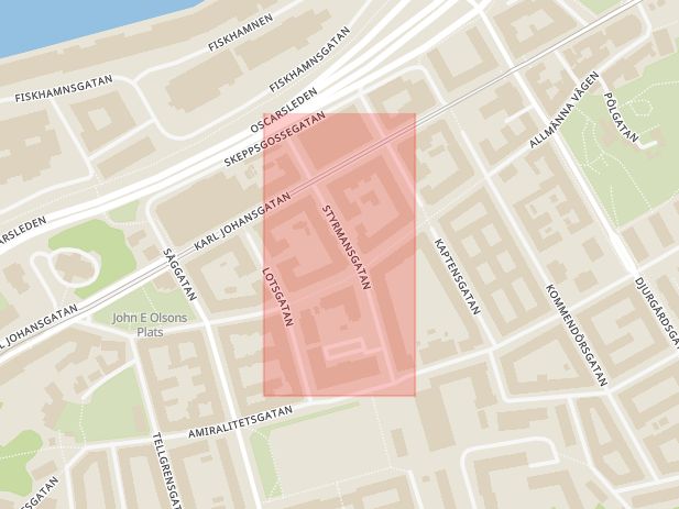 Karta som med röd fyrkant ramar in Styrmansgatan, Majorna, Göteborg, Västra Götalands län