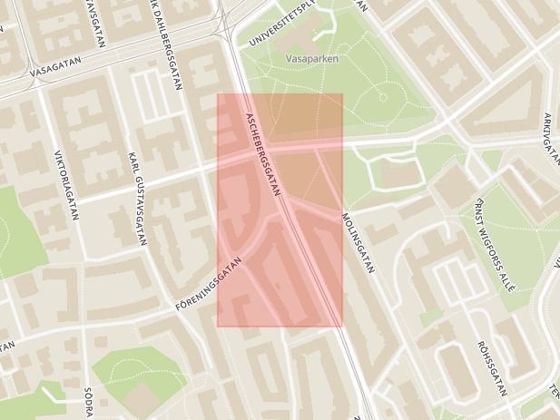 Karta som med röd fyrkant ramar in Aschebergsgatan, Föreningsgatan, Göteborg, Västra Götalands län