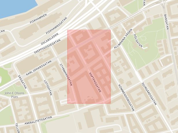 Karta som med röd fyrkant ramar in Masthugget, Kaptensgatan, Göteborg, Västra Götalands län