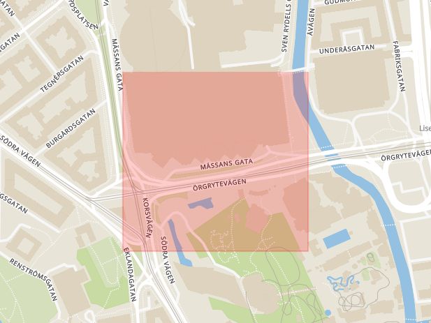 Karta som med röd fyrkant ramar in Mässans Gata, Göteborg, Västra Götalands län