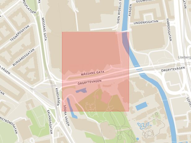 Karta som med röd fyrkant ramar in Mässans Gata, Göteborg, Västra Götalands län