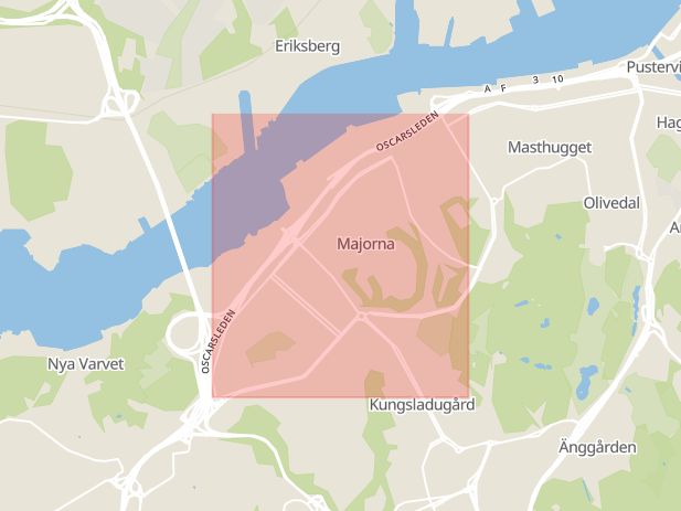 Karta som med röd fyrkant ramar in Göteborg, Karl Johansgatan, Västra götalands län, Västra Götalands län
