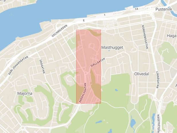 Karta som med röd fyrkant ramar in Bangatan, Timjansgatan, Seldonsgatan, Göteborg, Västra Götalands län